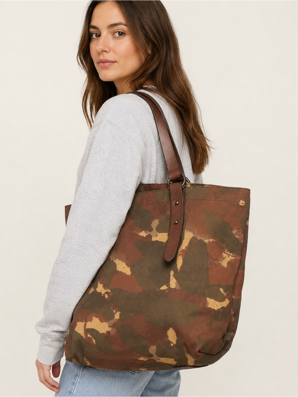 Frye Camo Canvas Leather Tote Bag Large Shoulder Shopper Brown Green